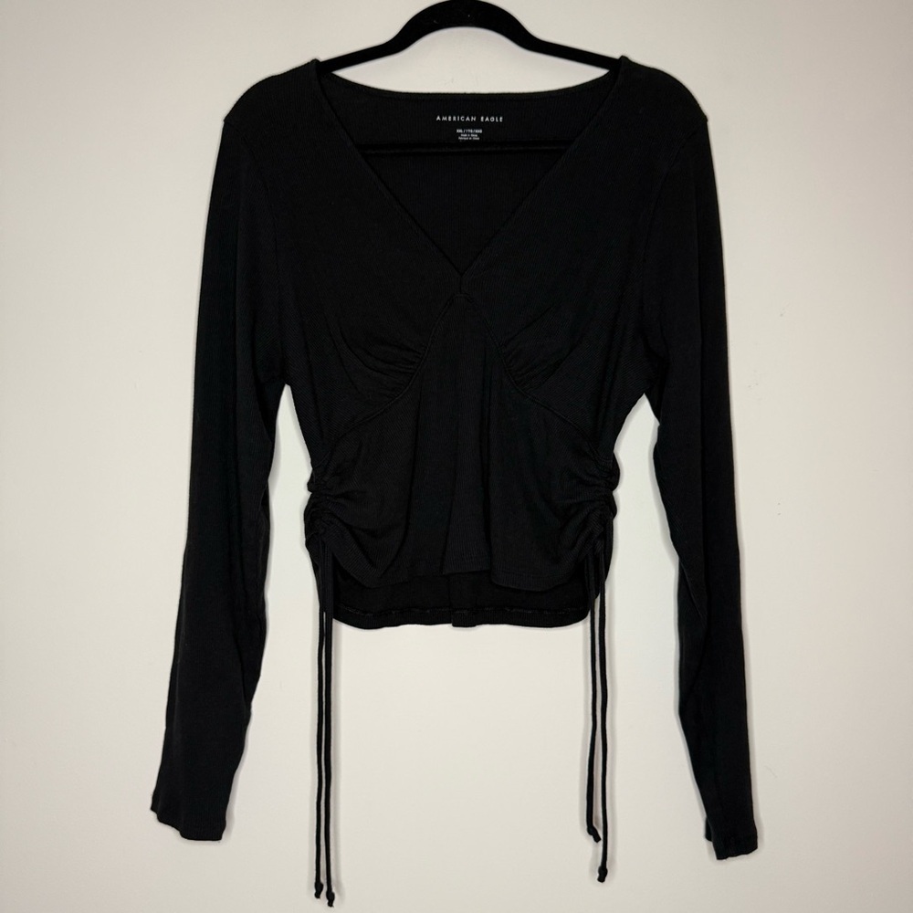 AMERICAN EAGLE Ruched Side Tie Ribbed Black Gothcore Babydoll Longsleeve Tshirt